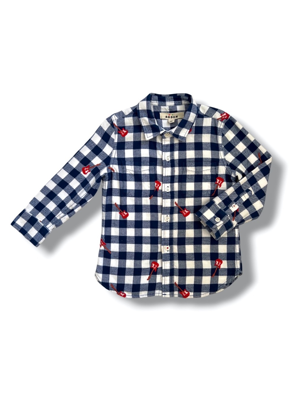 Mini Boden Boys Embroidered Flannel Shirt Gingham Guitar Blue White Size 4-5Y